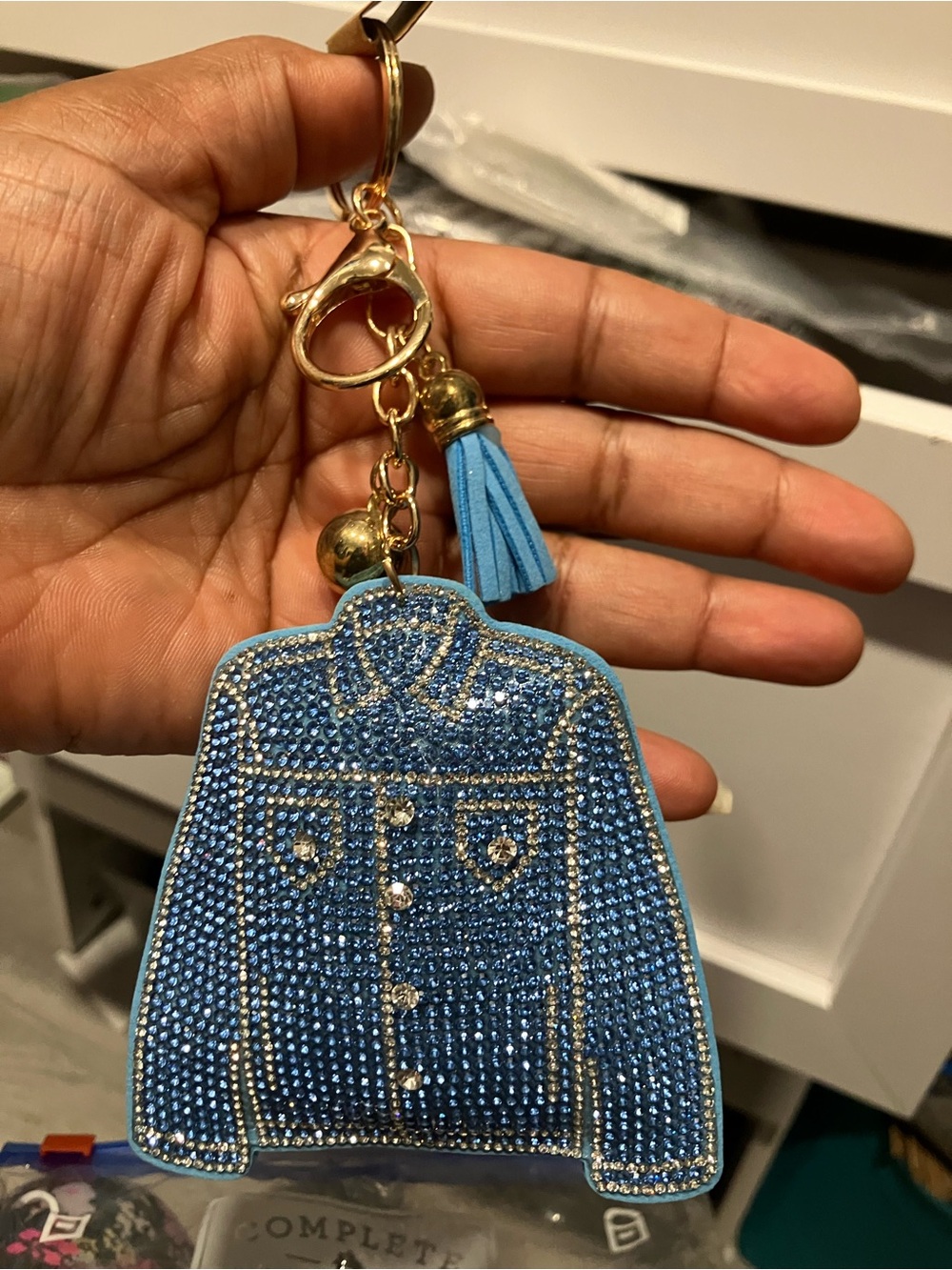 Blue Rhinestone Jacket Keychain with Tassel